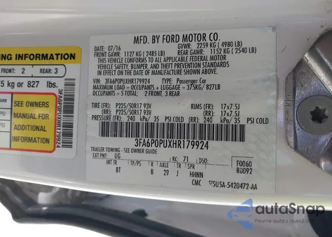 2017 Ford Fusion Se Phev z USA, uszkodzony, nr VIN 3FA6P0PUXHR179924